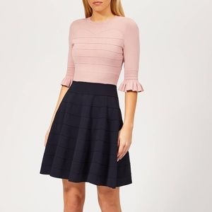 Ted Baker Dyana Frill Knitted Skater A-line Dress Blue Pink Size 1 (A26)